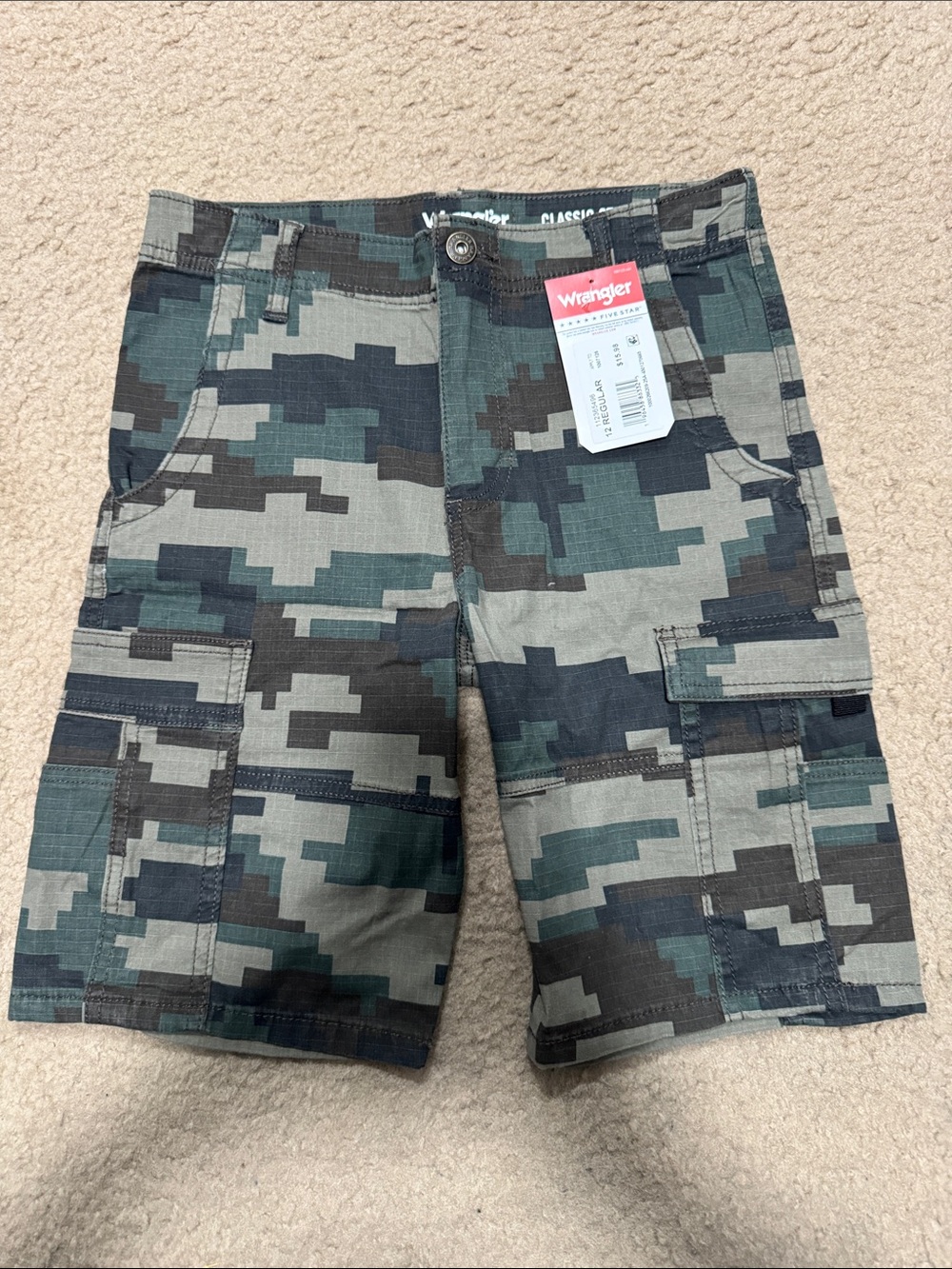 Wrangler Boy’s Digital Camo Cargo Shorts - Green/Gray/Black